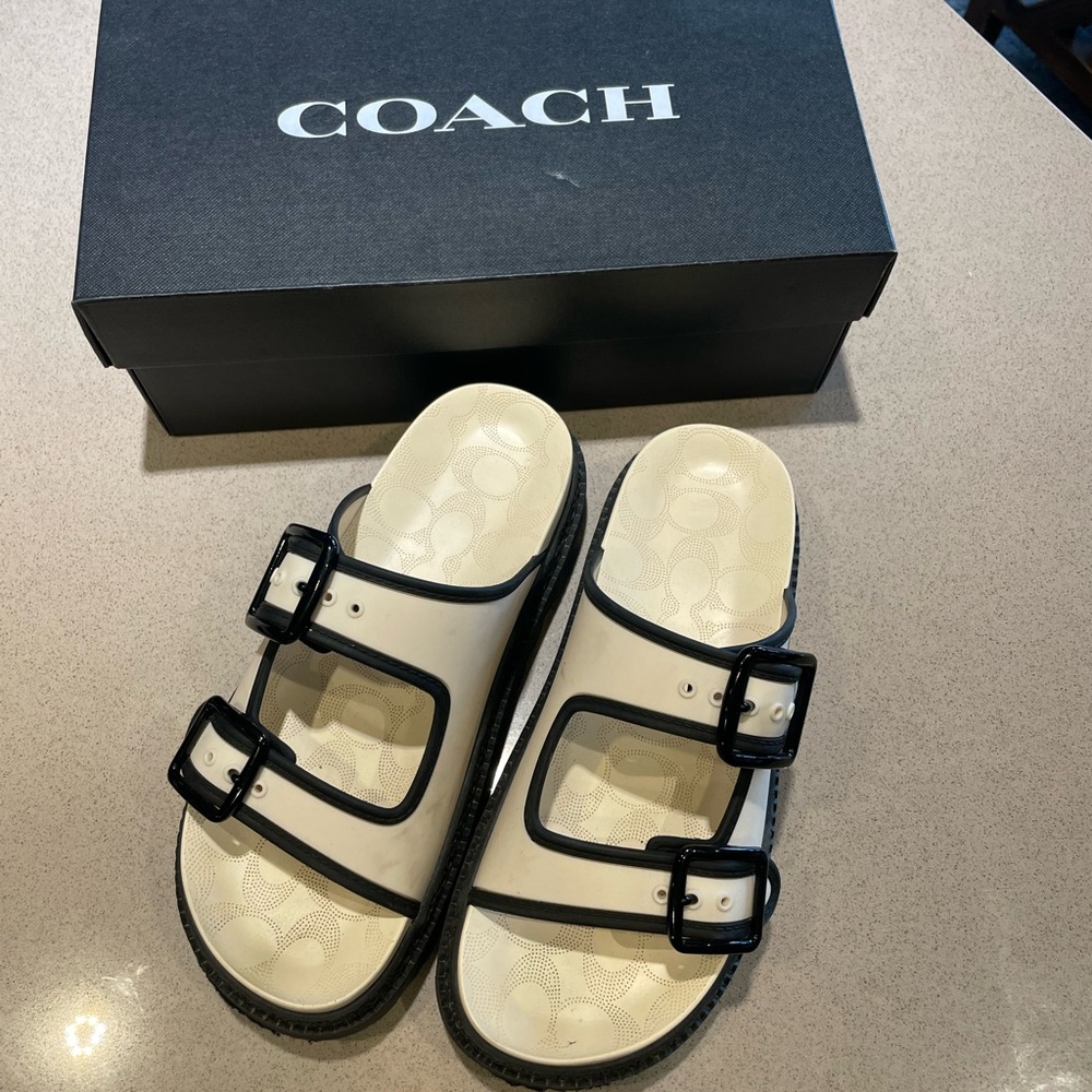 Coach Dual Strap Black and White Slides